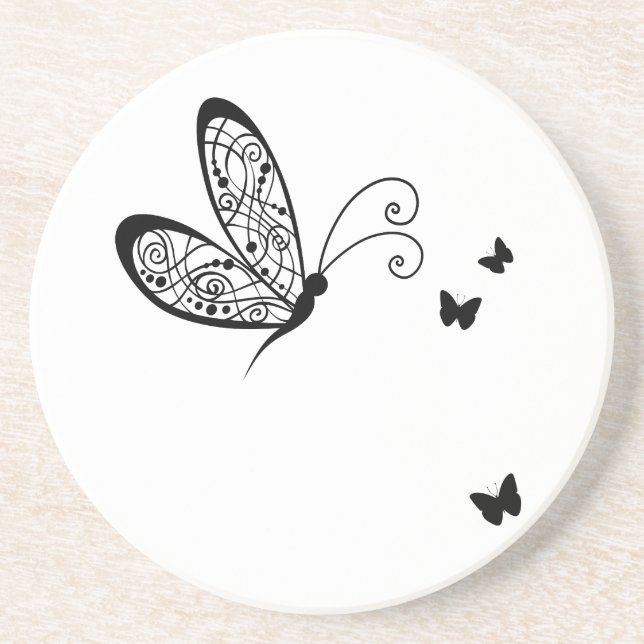 Black Lace Butterflies 1 Sandstone Coaster (Front)