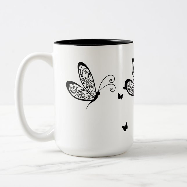 Black Lace Butterflies 1 Two-Tone Coffee Mug (Left)