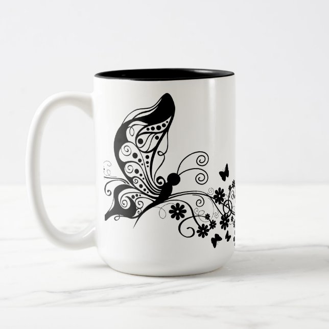 Black Lace Butterflies 8 Two-Tone Coffee Mug (Left)
