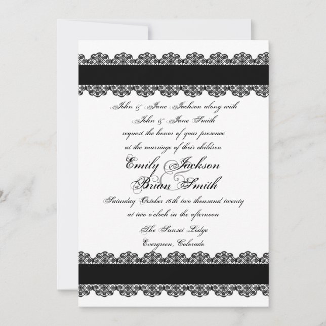 Black lace custom wedding invitations (Front)