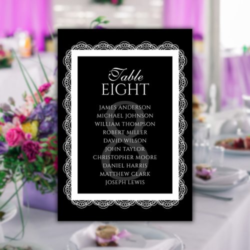 Black &amp; Lace Doily Old Money Wedding Seating Chart Table Number