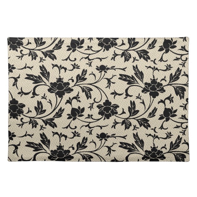 Black Lace Floral Woven Cotton Placemats (Front)