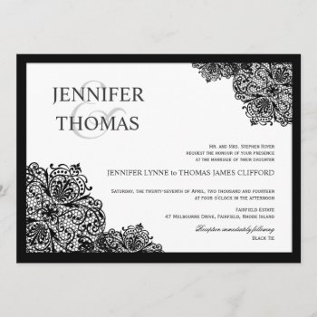Black Lace Formal White Wedding Invitations by deluxebridal at Zazzle