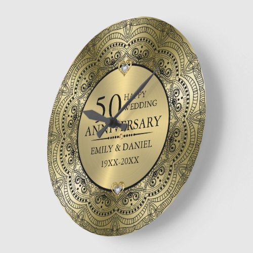 Black lace  gold 50th wedding anniversary large clock