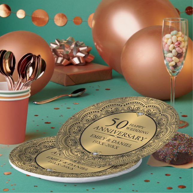 Black lace & gold 50th wedding anniversary paper plates (Multi)