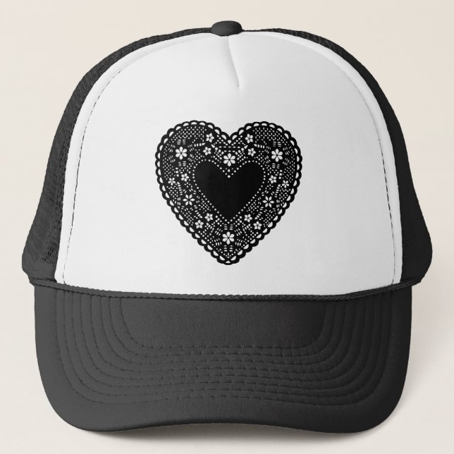 Black Lace Heart Trucker Hat (Front)