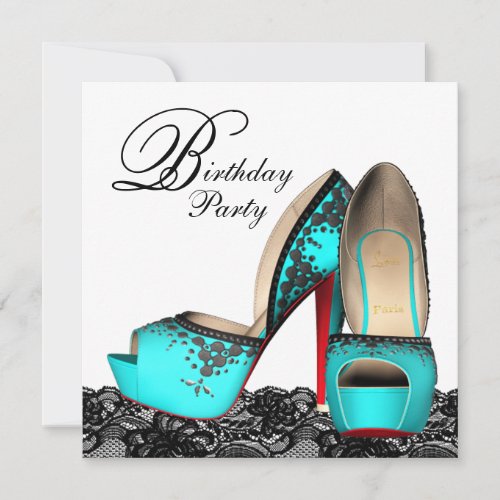 Black Lace High Heel Shoe Teal Blue Birthday Party Invitation