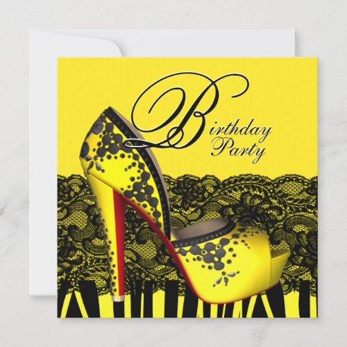 Black Lace High Heel Shoes Yellow Birthday Party Personalized Announcements