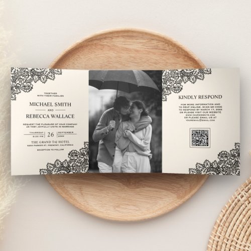 Black Lace Ivory Cream Photo QR Code Wedding Tri-Fold Invitation