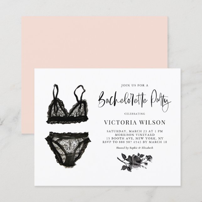 Black Lace Lingerie Bachelorette Party Invitation (Front/Back)