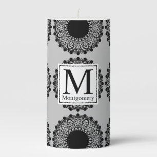 Black Lace Mandalas Family Name & Initial Pillar Candle