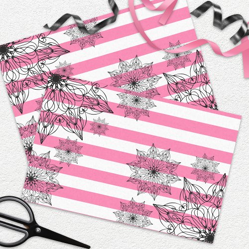 Black Lace Mandalas on Pink and White Stripes Tissue Paper