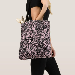 Black Lace on Blush Pink Tote Bag