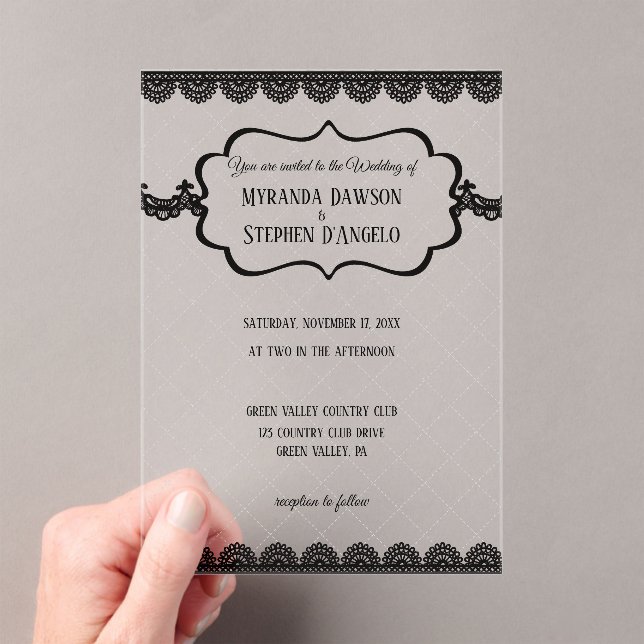 Black Lace on Clear Custom Wedding Acrylic Invitations (Insitu (Handheld))