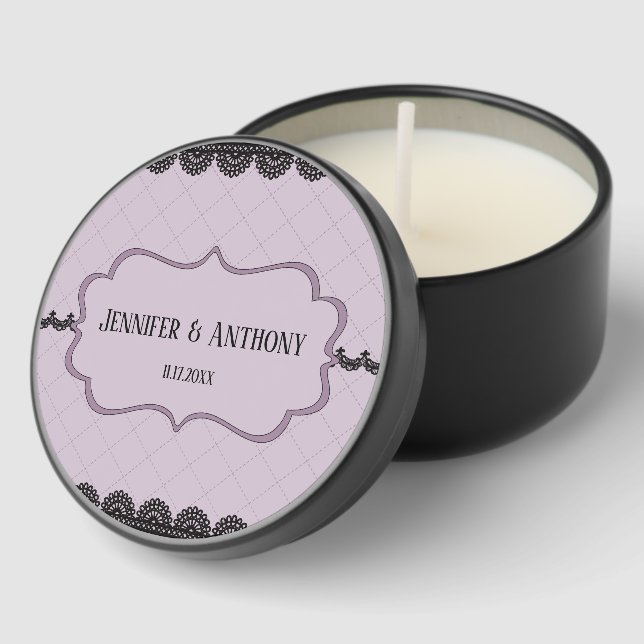 Black Lace on Lavender Custom Wedding Mini Candle Favors (Corner)
