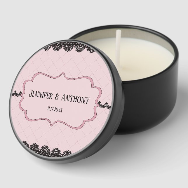 Black Lace on Pink Custom Wedding Mini Candle Favors (Corner)