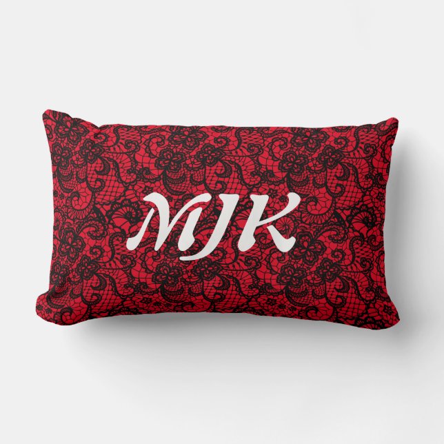 Black Lace on Red Monogram Lumbar Pillow (Front)