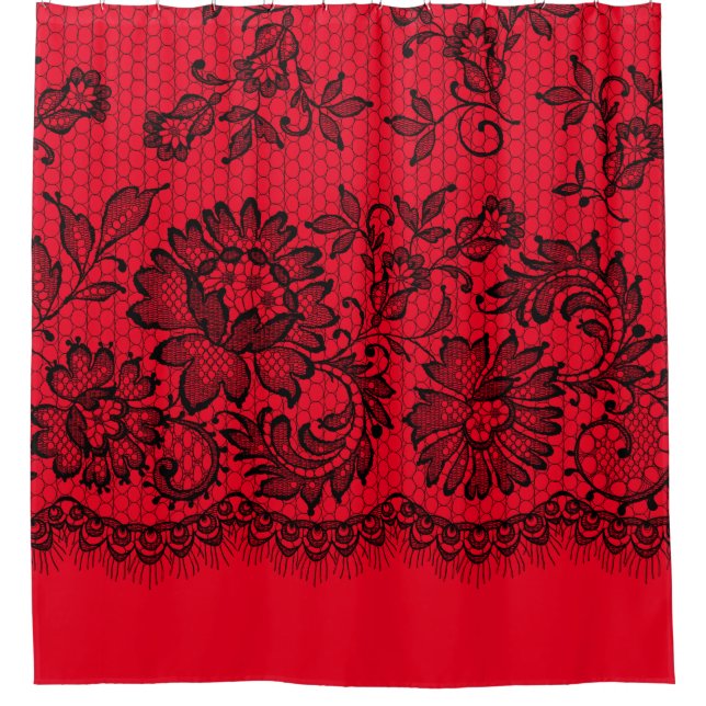 Black Lace on Red Shower Curtain (Front)