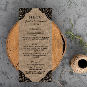 Black Lace On Rustic Burlap Wedding Menu