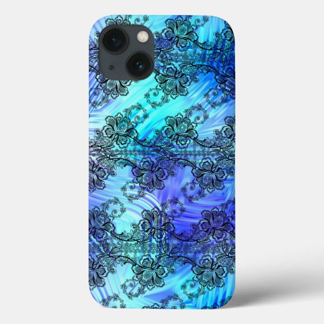 Black Lace On Soft Blue Patterned Glass Case-Mate iPhone Case (Back)