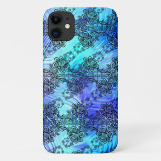 Black Lace On Soft Blue Patterned Glass iPhone 11 Case