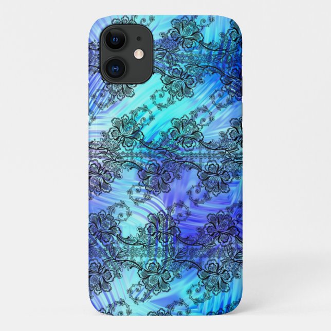Black Lace On Soft Blue Patterned Glass Case-Mate iPhone Case (Back)