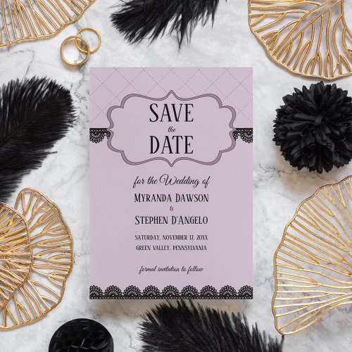 Black Lace on Soft Lavender Custom Save the Date Invitation