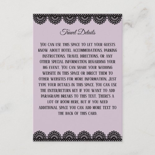 Black Lace on Soft Lavender Custom Wedding Enclosure Card