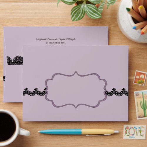 Black Lace on Soft Lavender Custom Wedding Envelope