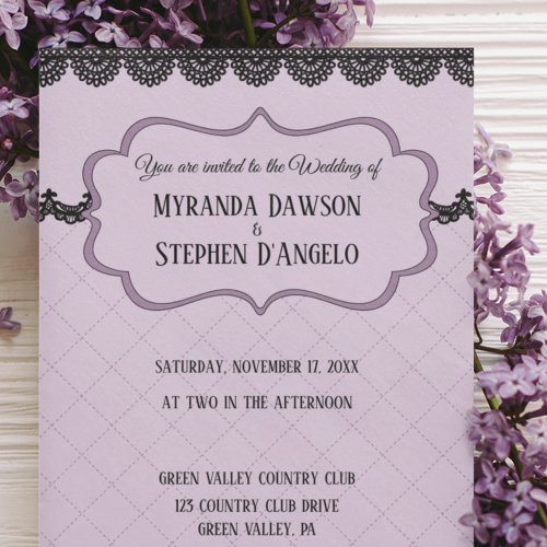 Black Lace on Soft Lavender Custom Wedding Invitation