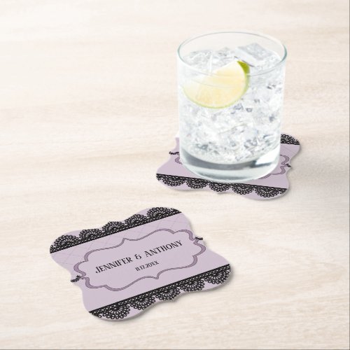 Black Lace on Soft Lavender Custom Wedding Paper Coaster