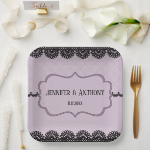 Black Lace on Soft Lavender Custom Wedding Paper Plates