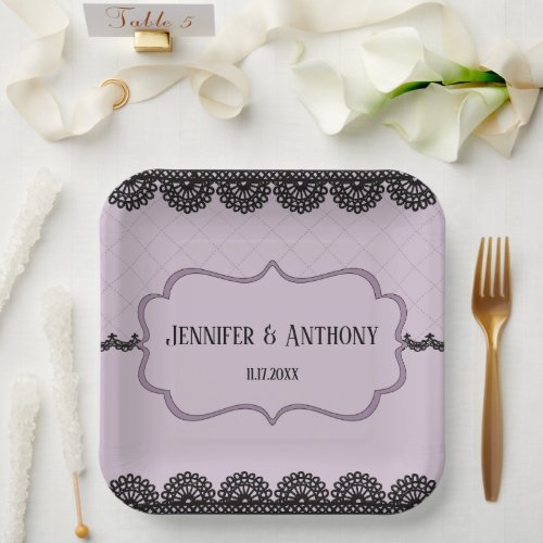 Black Lace on Soft Lavender Custom Wedding Paper Plates