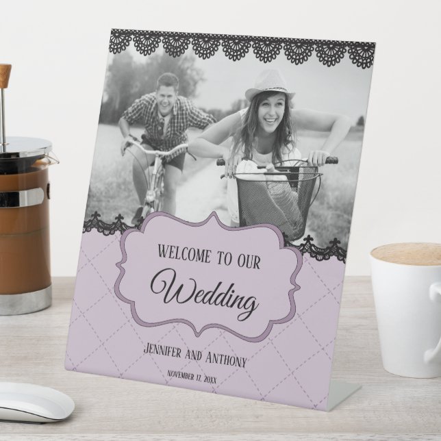 Black Lace on Soft Lavender Custom Wedding Pedestal Sign (In SItu)