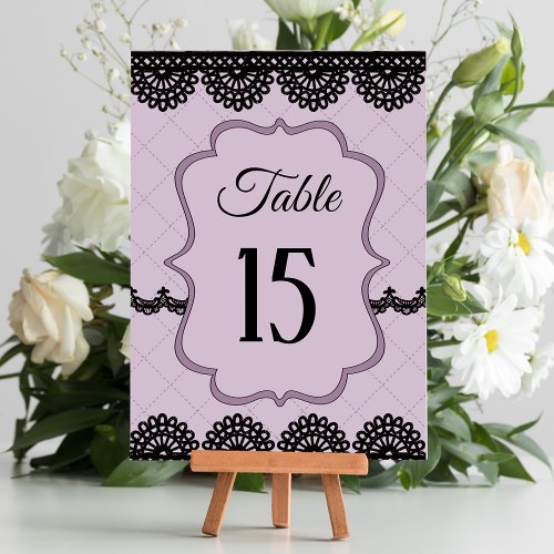 Black Lace on Soft Lavender Custom Wedding Table Number