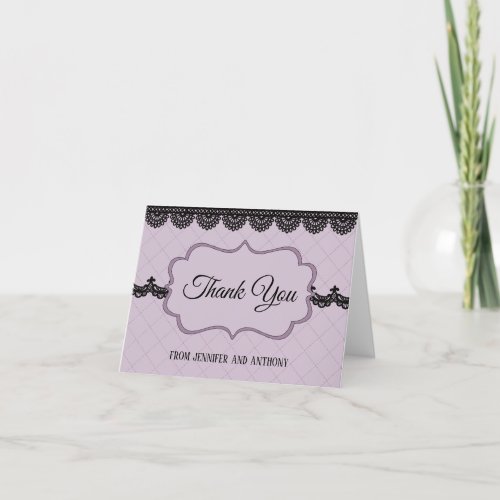 Black Lace on Soft Lavender Custom Wedding Thank You Card