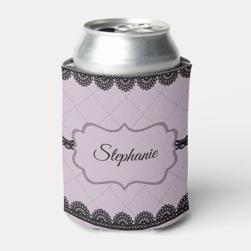 Black Lace on Soft Lavender Personalized Can Cooler