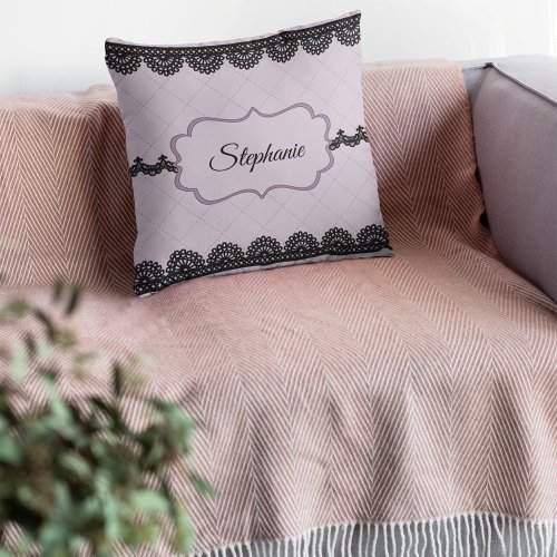 Black Lace on Soft Lavender Personalized Throw Pillow