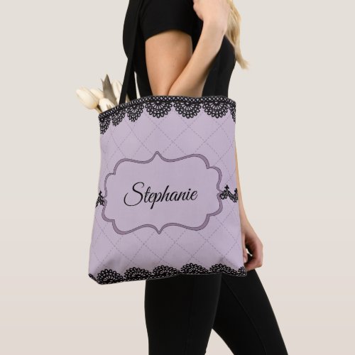 Black Lace on Soft Lavender Personalized Tote Bag