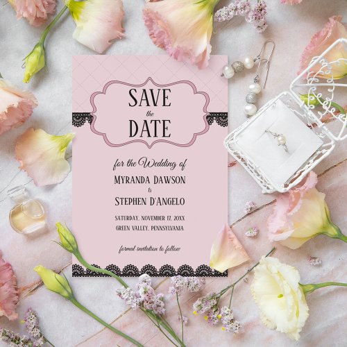 Black Lace on Soft Pink Custom Save the Date Invitation
