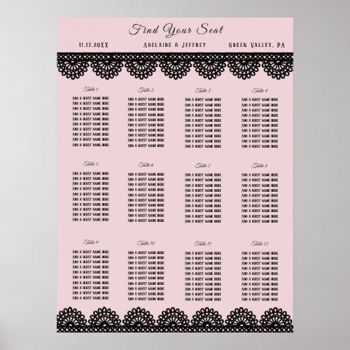 Black Lace on Soft Pink Custom Seating Chart