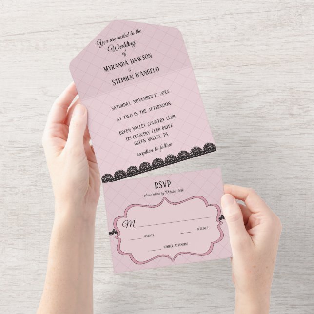 Black Lace on Soft Pink Custom Wedding All In One Invitation (Tearaway)