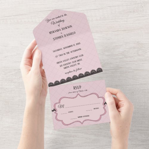 Black Lace on Soft Pink Custom Wedding All In One Invitation