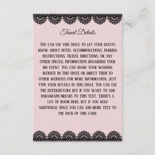 Black Lace on Soft Pink Custom Wedding Enclosure Card
