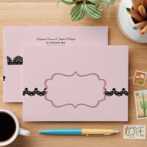 Black Lace on Soft Pink Custom Wedding Envelope