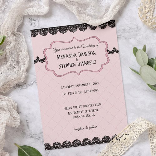Black Lace on Soft Pink Custom Wedding Invitation