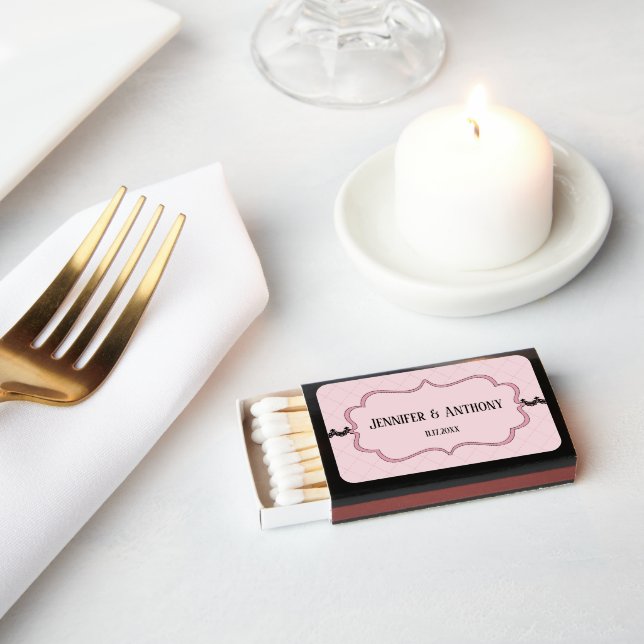 Black Lace on Soft Pink Custom Wedding Matchboxes (Insitu)