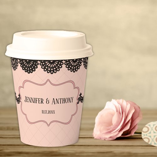 Black Lace on Soft Pink Custom Wedding Paper Cups