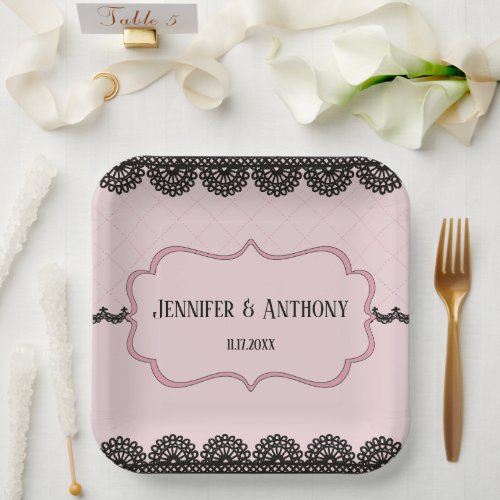 Black Lace on Soft Pink Custom Wedding Paper Plates