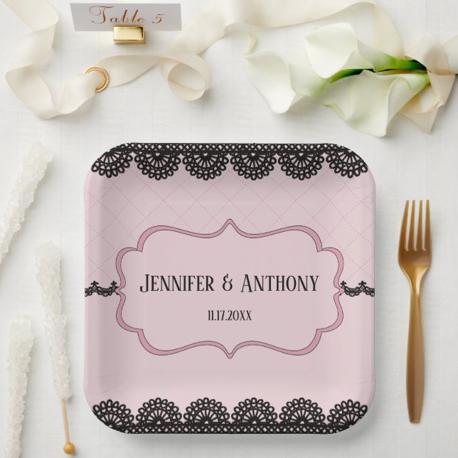 Black Lace on Soft Pink Custom Wedding Paper Plates (Wedding)